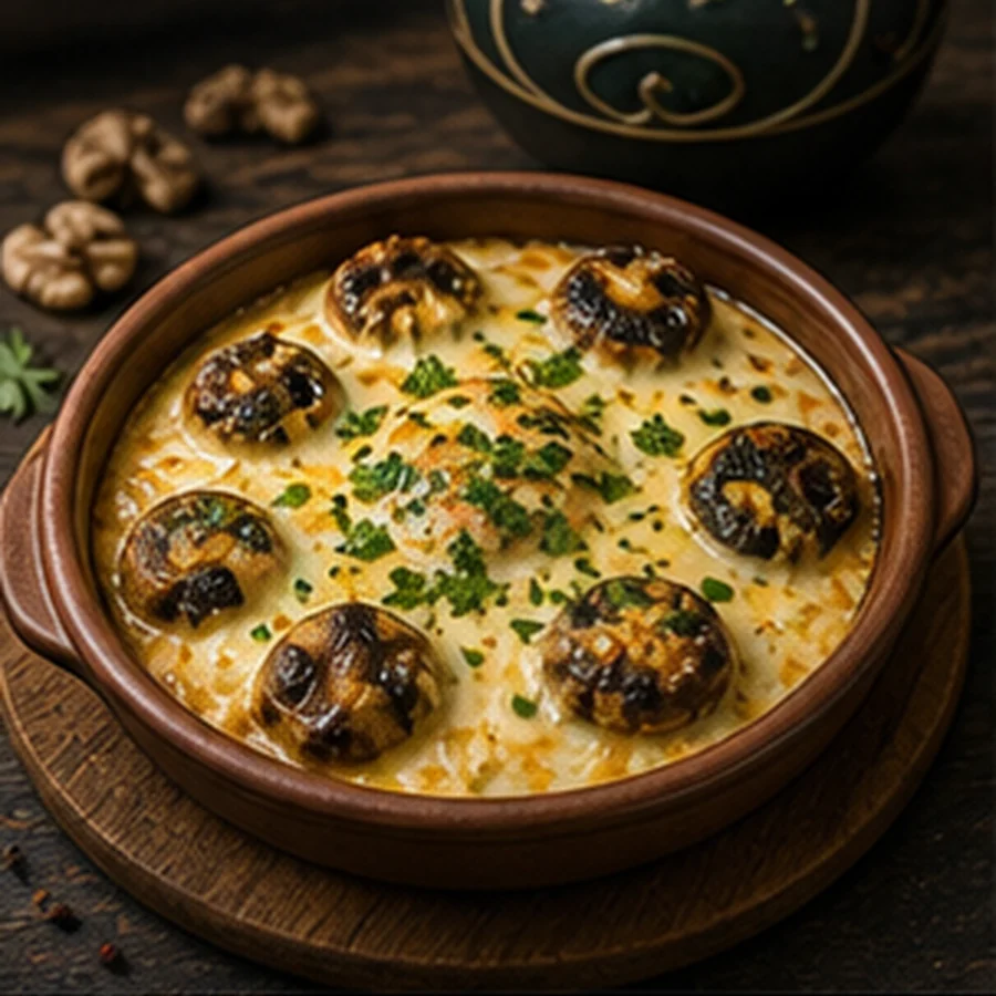 Mushrooms With Sulguni Cheese in Clay Pots